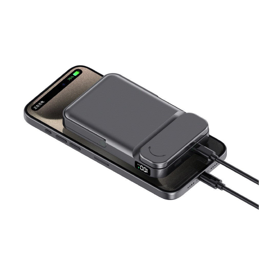 Portable power bank with integrated stand function and digital charging status display Stornfield