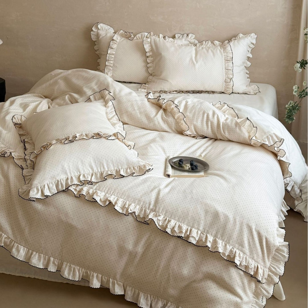 Cottage Ruffled Duvet Cover Ensemble with Microdot Cotton Sateen Frilled Hem and Piped Pillow Shams