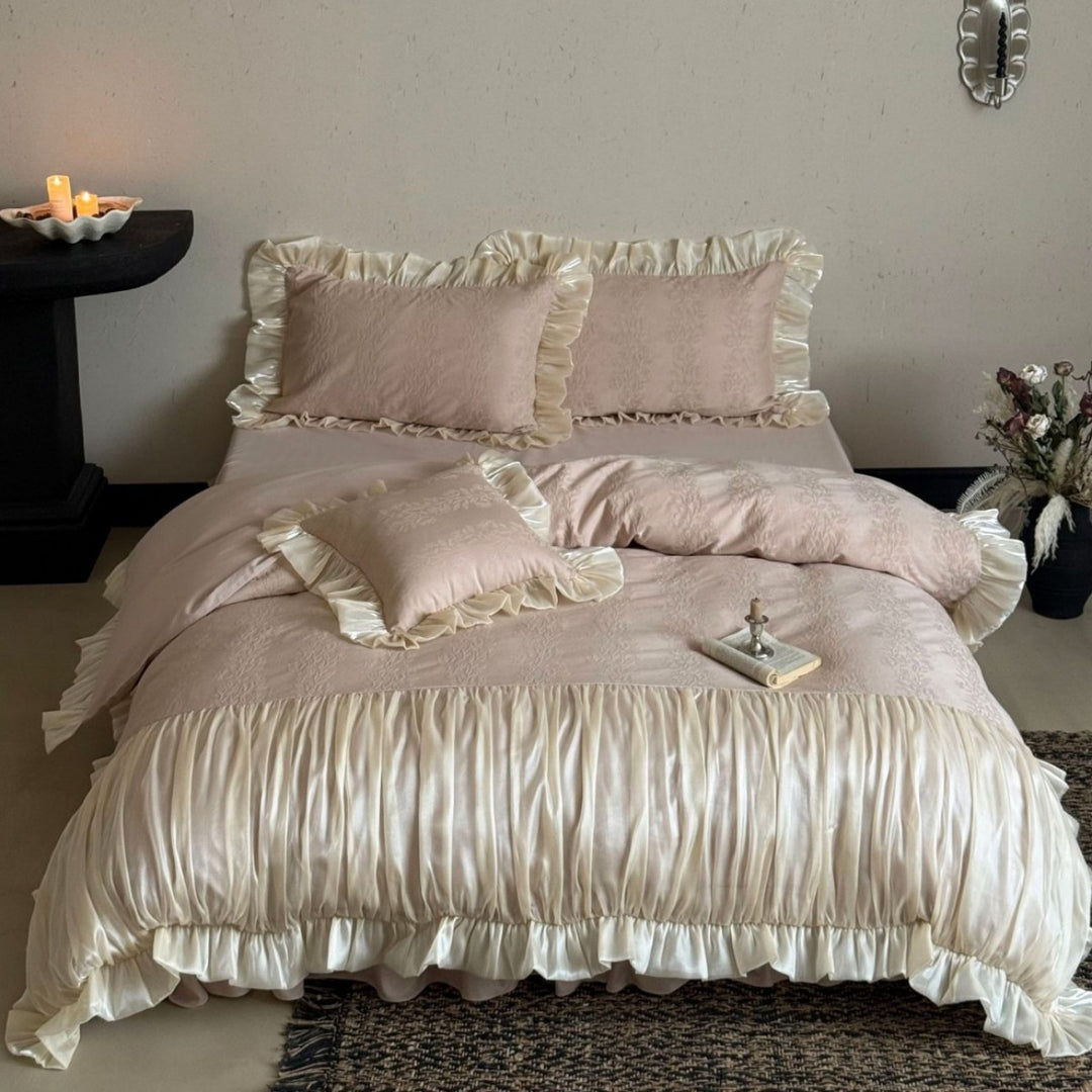 Luxurious Ruffled Satin Bedding Set with Pleated Coverlet