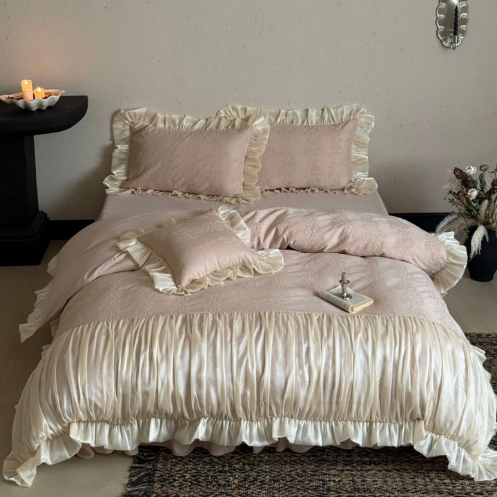 Luxurious Ruffled Satin Bedding Set with Pleated Coverlet