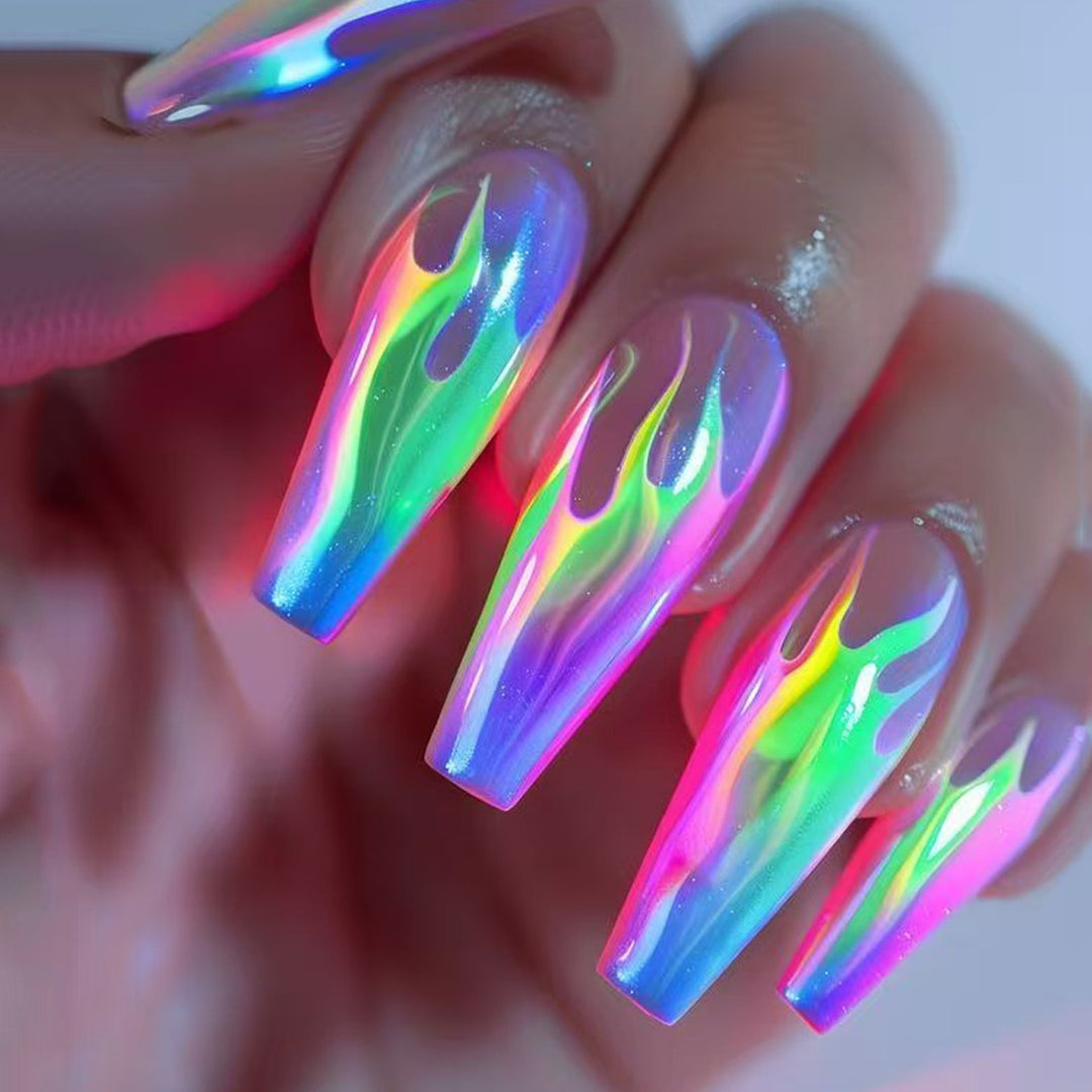 Creative Acrylic Nails with Shimmering Flame Design Stornfield