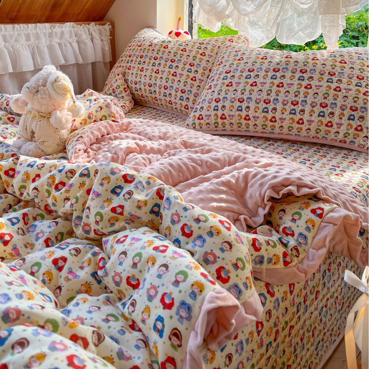 Children's Quilted Reversible Minky-Back Duvet Comforter Set with Ruffled Edge