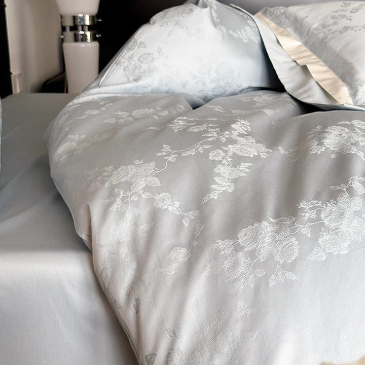 Satin Jacquard Duvet Cover Set with Contrast Border and Floral Motif
