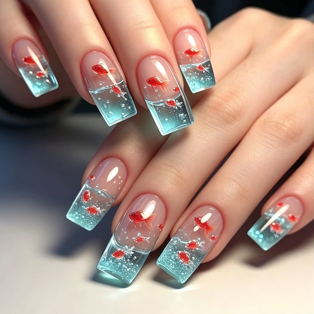 Artistic Aqua-Inspired Acrylic Nail Art Extensions Stornfield