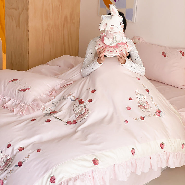Ruffled Embroidered Bunny Cotton-Sateen Duvet Cover Set with Pillow Shams