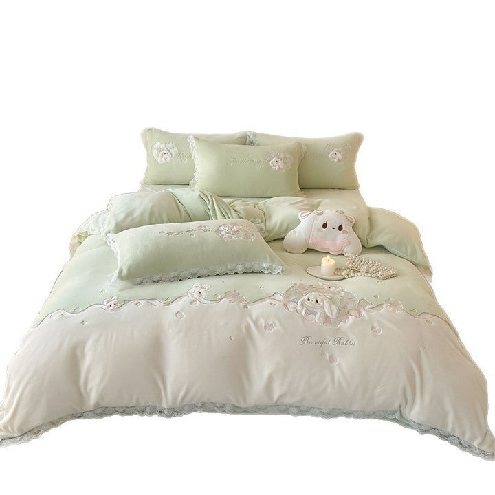 Embroidered Plush Duvet Cover Set with Lace-Trim and Decorative Pillow Shams