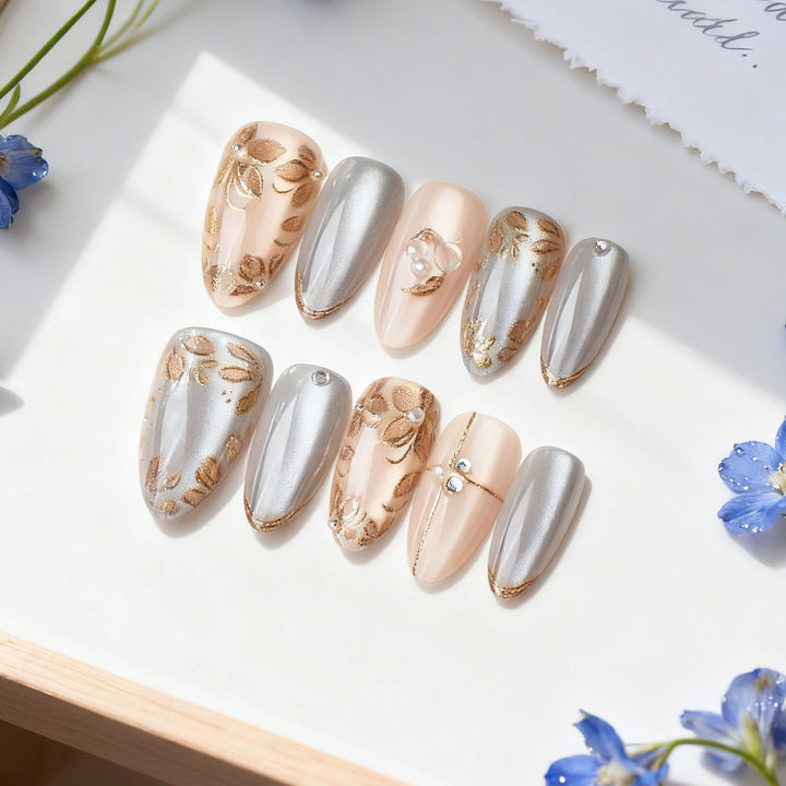 Decorative Press-On Nail Art Set with Floral and Metallic Accents Stornfield