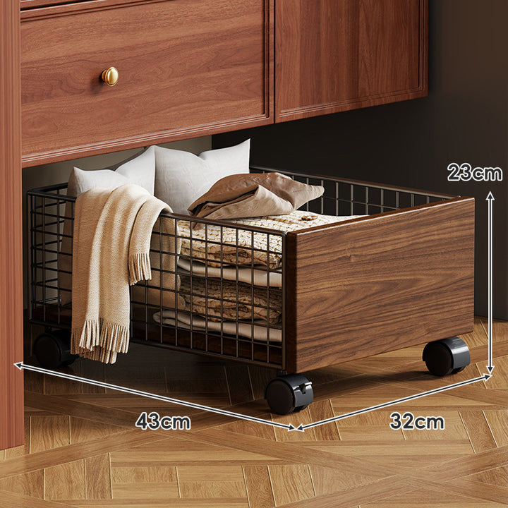 Low-Profile Sliding Wire Basket Storage Drawer with Wood-Effect Front and Swivel Casters