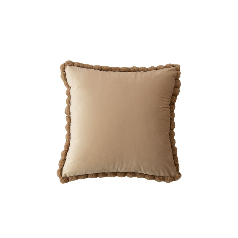 Plush Velvet Square Decorative Throw Pillow with Pom-Pom Border and Removable Cover