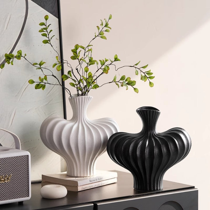 Artistic Ribbed Ceramic Vase for Home Decor
