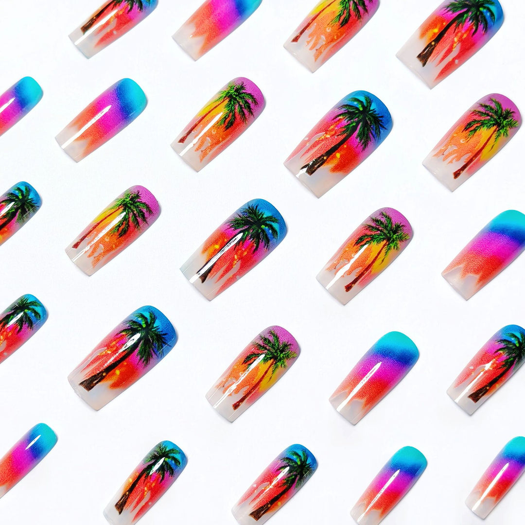 Artificial nails with tropical palm and sunset design Stornfield