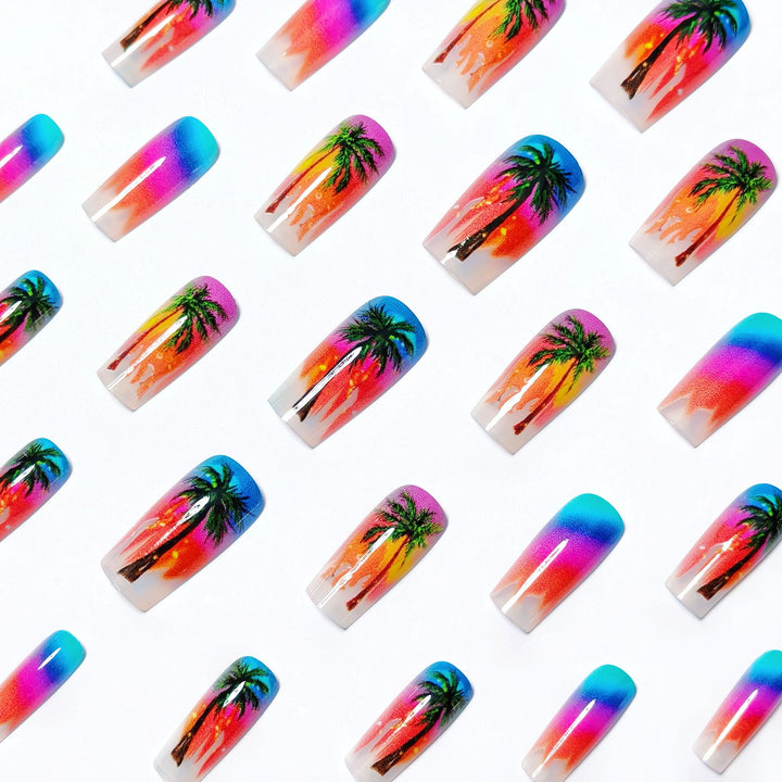 Artificial nails with tropical palm and sunset design Stornfield