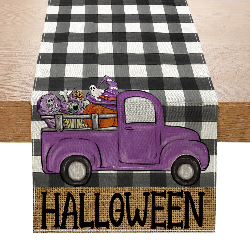 Halloween Cotton-Linen Table Runner with Sitting Cat and Pumpkin Illustration Decorative Border