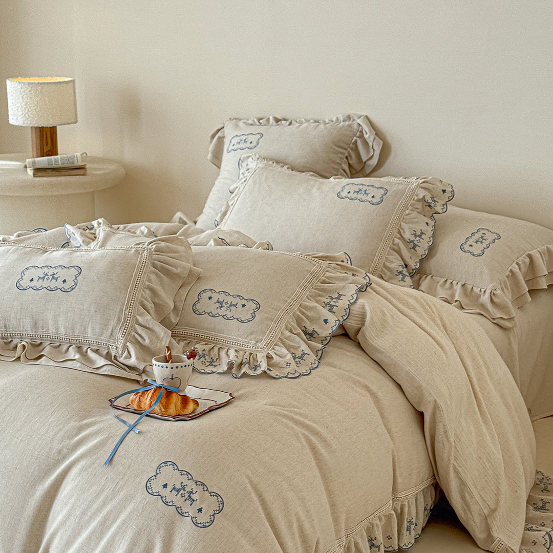 Vintage-Inspired Hand-Embroidered Scalloped Linen Duvet Cover Set with Crocheted Trim and Ruffled Pillow Shams