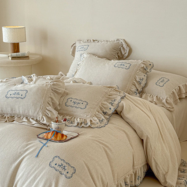 Vintage-Inspired Hand-Embroidered Scalloped Linen Duvet Cover Set with Crocheted Trim and Ruffled Pillow Shams