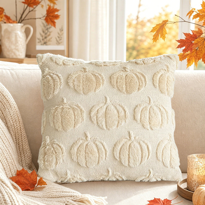 Autumn Pumpkin Chenille Tufted Square Throw Pillow Cover with Plush Raised Motif
