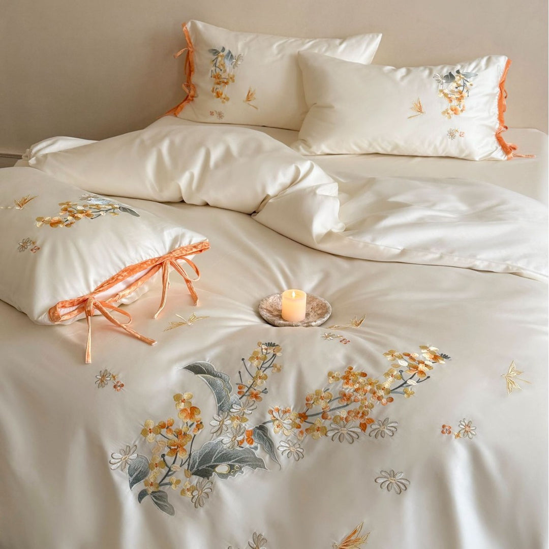 Botanical Embroidered Satin Duvet Cover Set with Ribbon-Tie Shams
