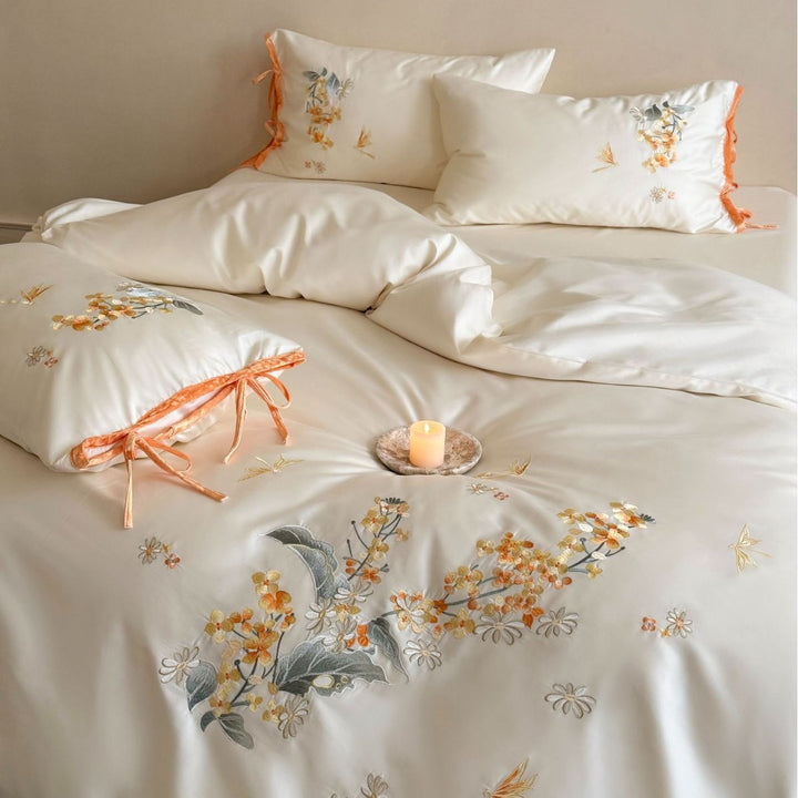 Botanical Embroidered Satin Duvet Cover Set with Ribbon-Tie Shams