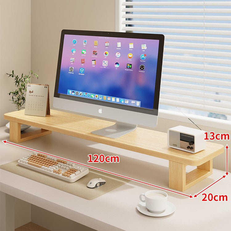 Wide Wooden Monitor Riser Shelf with Under-Shelf Storage and Cable Management