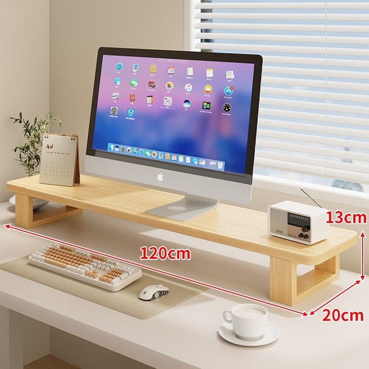 Wide Wooden Monitor Riser Shelf with Under-Shelf Storage and Cable Management
