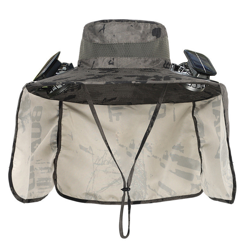 Sun hat with neck protection and integrated solar-powered dual fans Stornfield