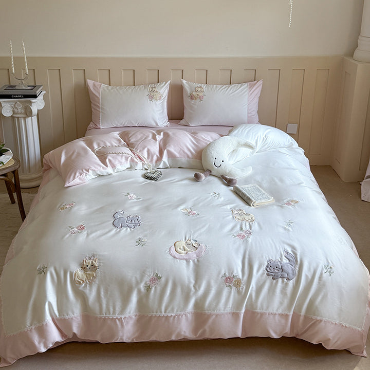 Embroidered Satin-Feel Ocean Motif Duvet Cover Set