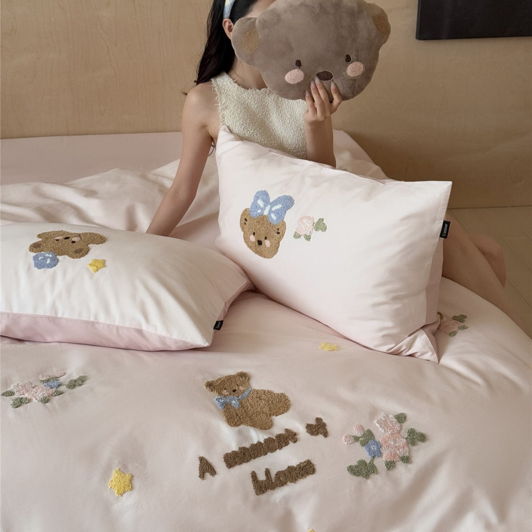 Embroidered Chenille Cartoon Duvet Cover Set with Plush Accent Pillow