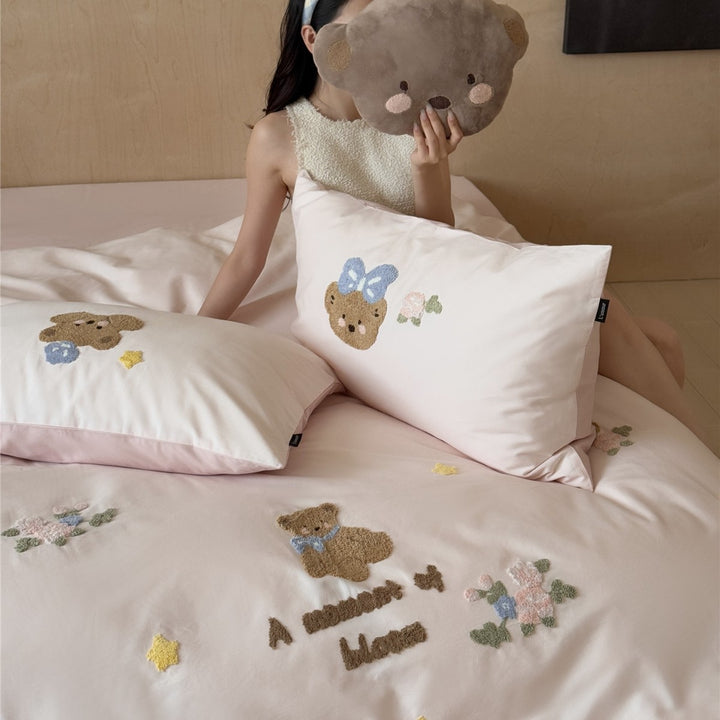Embroidered Chenille Cartoon Duvet Cover Set with Plush Accent Pillow