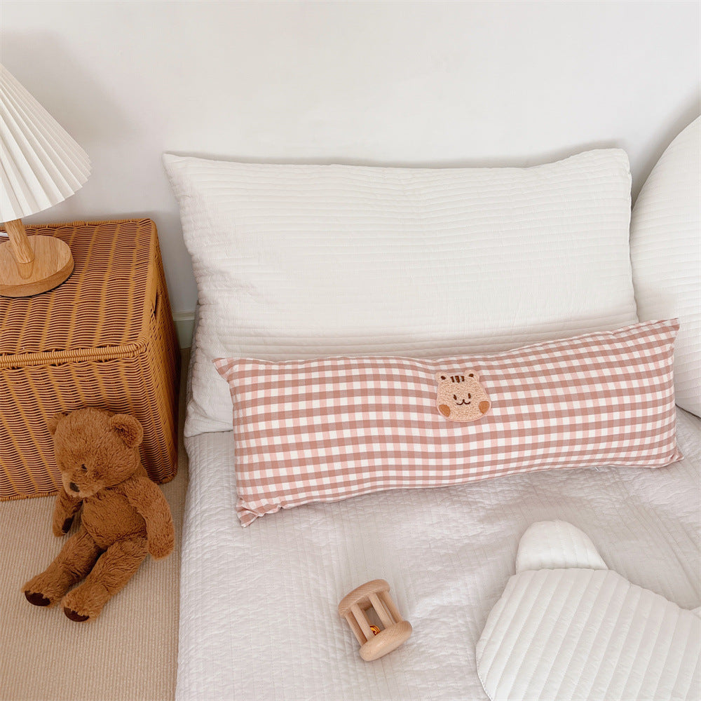 Gingham Bolster Nursery Pillow with Embroidered Daisy Appliqué Cotton Cover