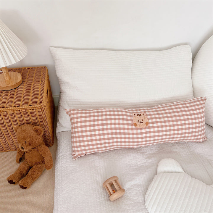 Gingham Bolster Nursery Pillow with Embroidered Daisy Appliqué Cotton Cover