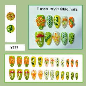 Artificial nails in forest style with floral and mushroom-shaped designs Stornfield