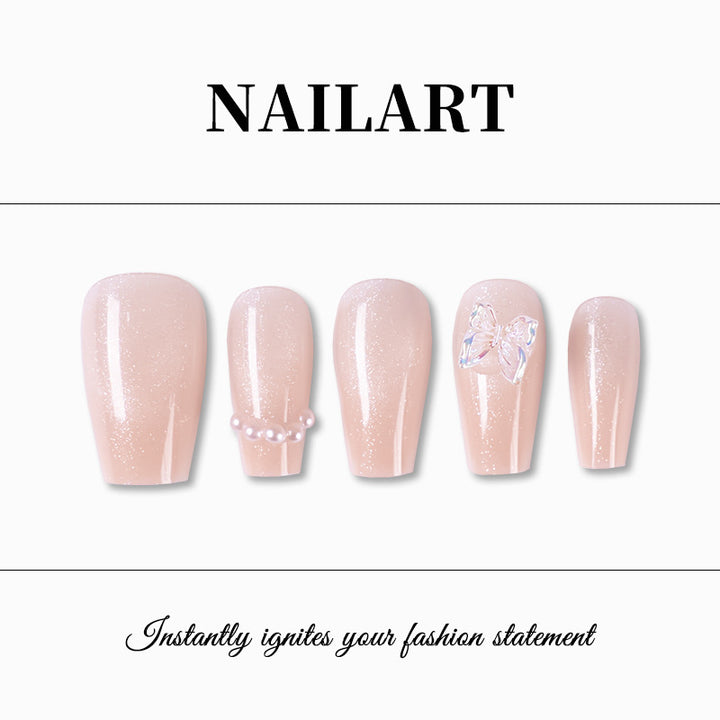 Artificial nails with elegant butterfly accents and glittering coating Stornfield