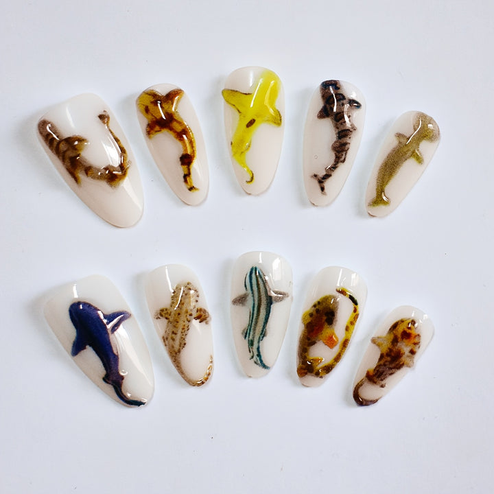 Artistic Shark-Themed Press-On Nail Art Stornfield
