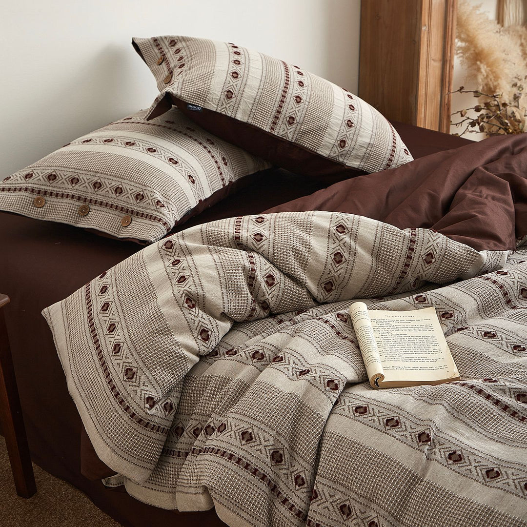 Striped Woven Cotton Duvet Cover Set with Button Closure & Reversible Solid Back