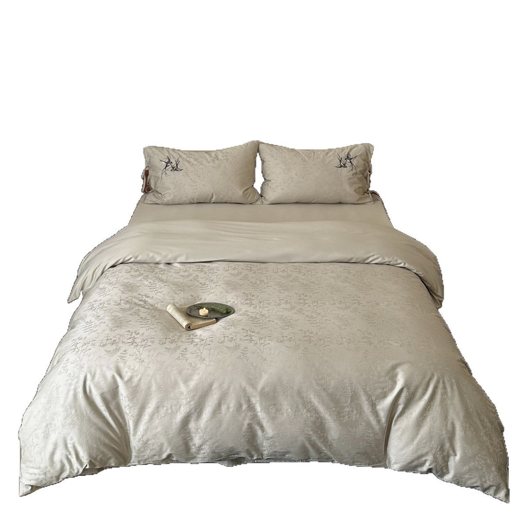 Jacquard Satin-Feel Duvet Cover Set with Embroidered Swallow & Tie-Closure Pillowcases