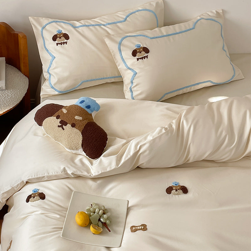 Embroidered Plush-Appliqué Cotton Sateen Duvet Cover Set with Cloud-Edge Shams