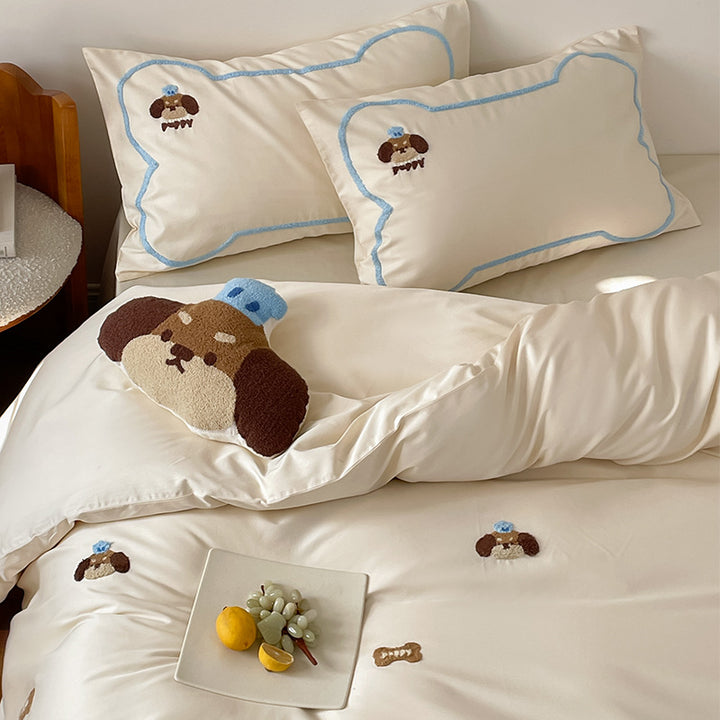 Embroidered Plush-Appliqué Cotton Sateen Duvet Cover Set with Cloud-Edge Shams