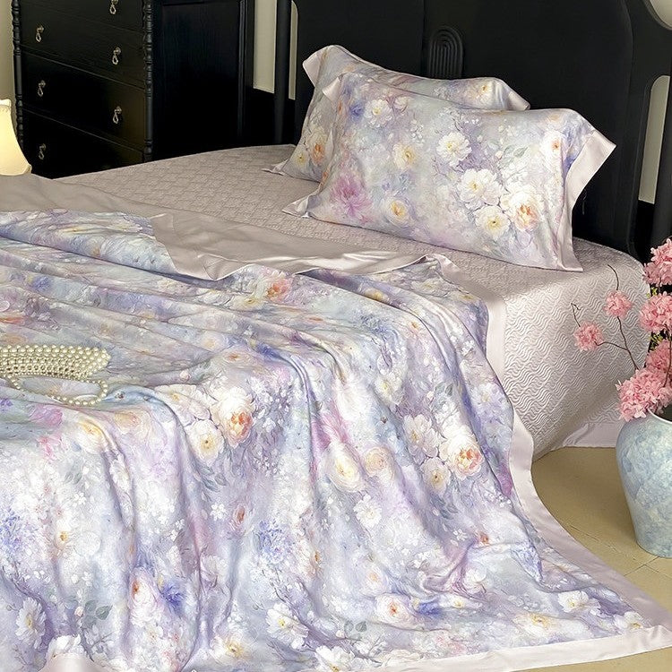 Satin bedding set with floral watercolor print and silky shiny finish