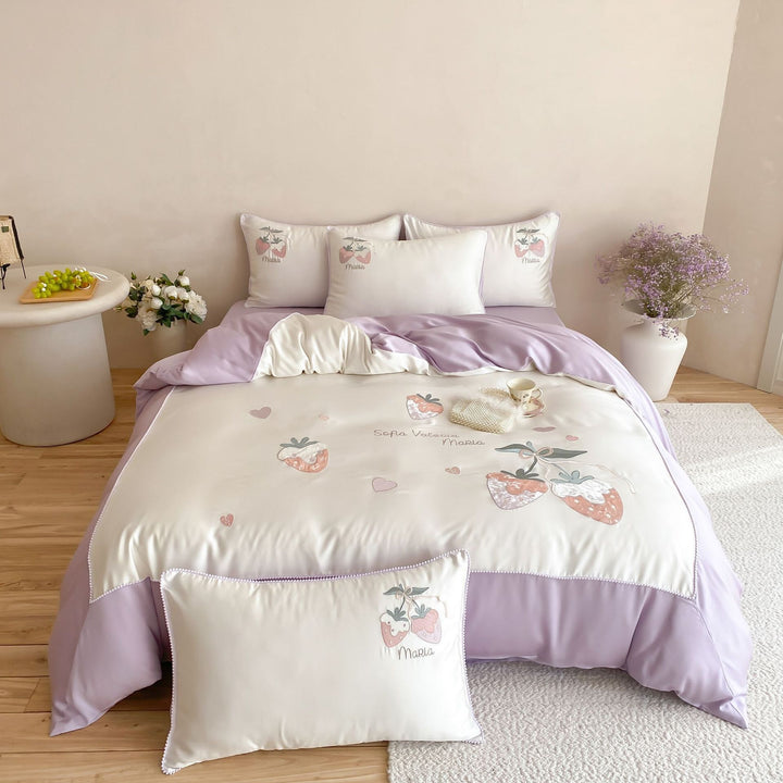 Pastel Satin bedding set with hand-drawn strawberry motif and fine piping