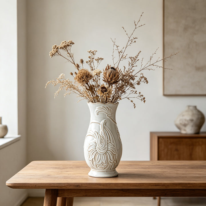 Engraved Ceramic Button Vase with Wave Edge and Floral Relief