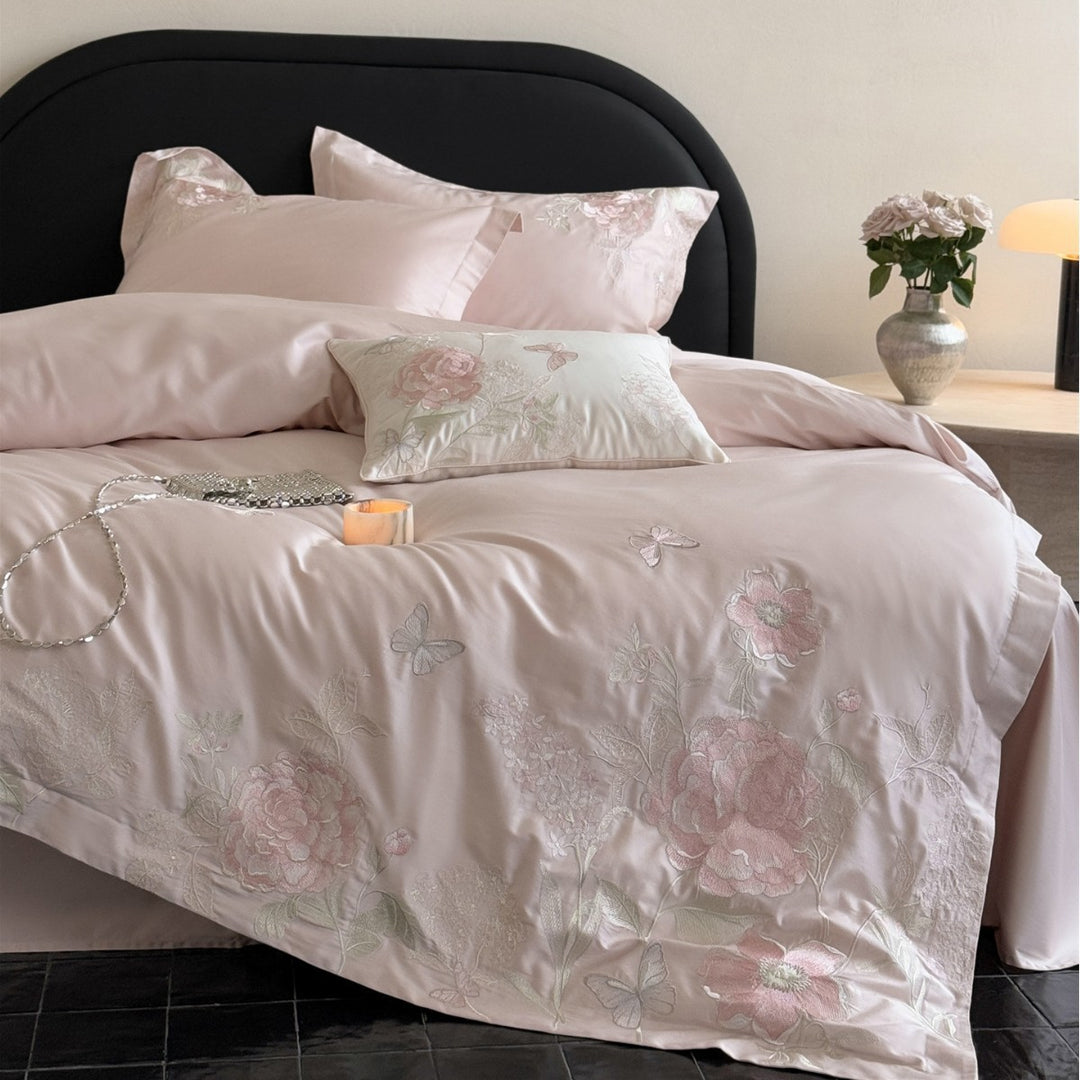 Embroidered Botanical Satin Duvet Cover Set with Decorative Pillow Shams and Hidden Closure