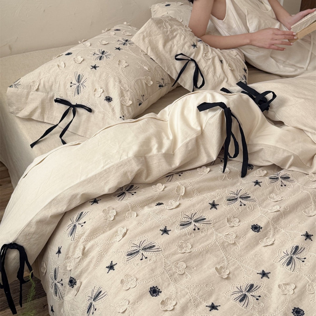 Embroidered Linen-Blend Duvet Cover Set with Butterfly Applique and Corner Tie Closures