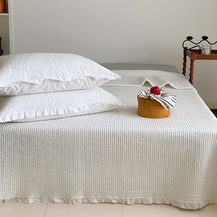 Textured Ribbed Quilted Bedspread Set with Ruffled Edge Pillow Shams