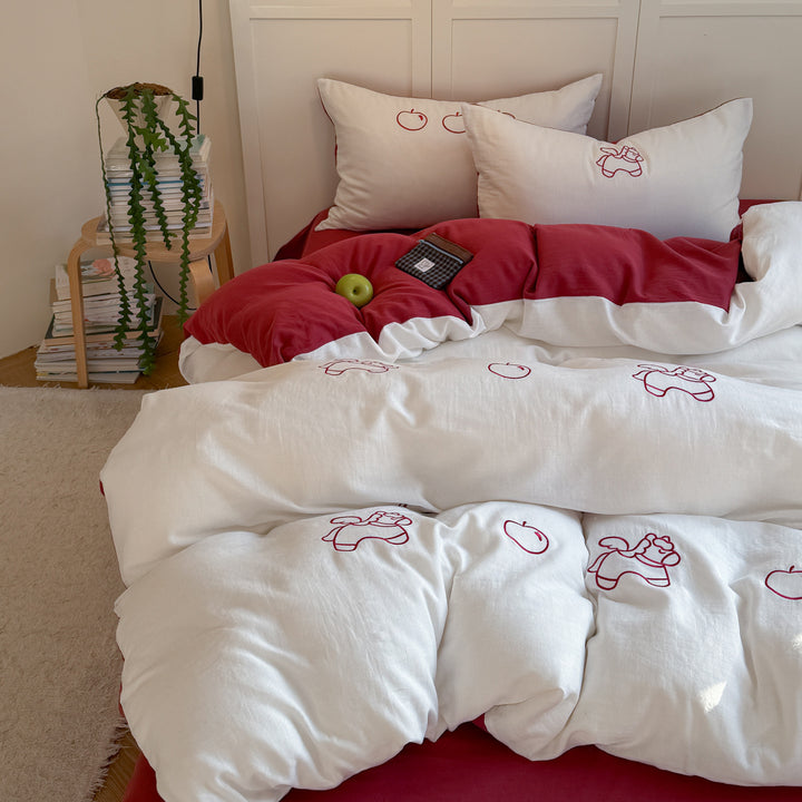 Pastel Bunny Embroidered Cotton Percale Duvet Cover and Pillow Sham Set