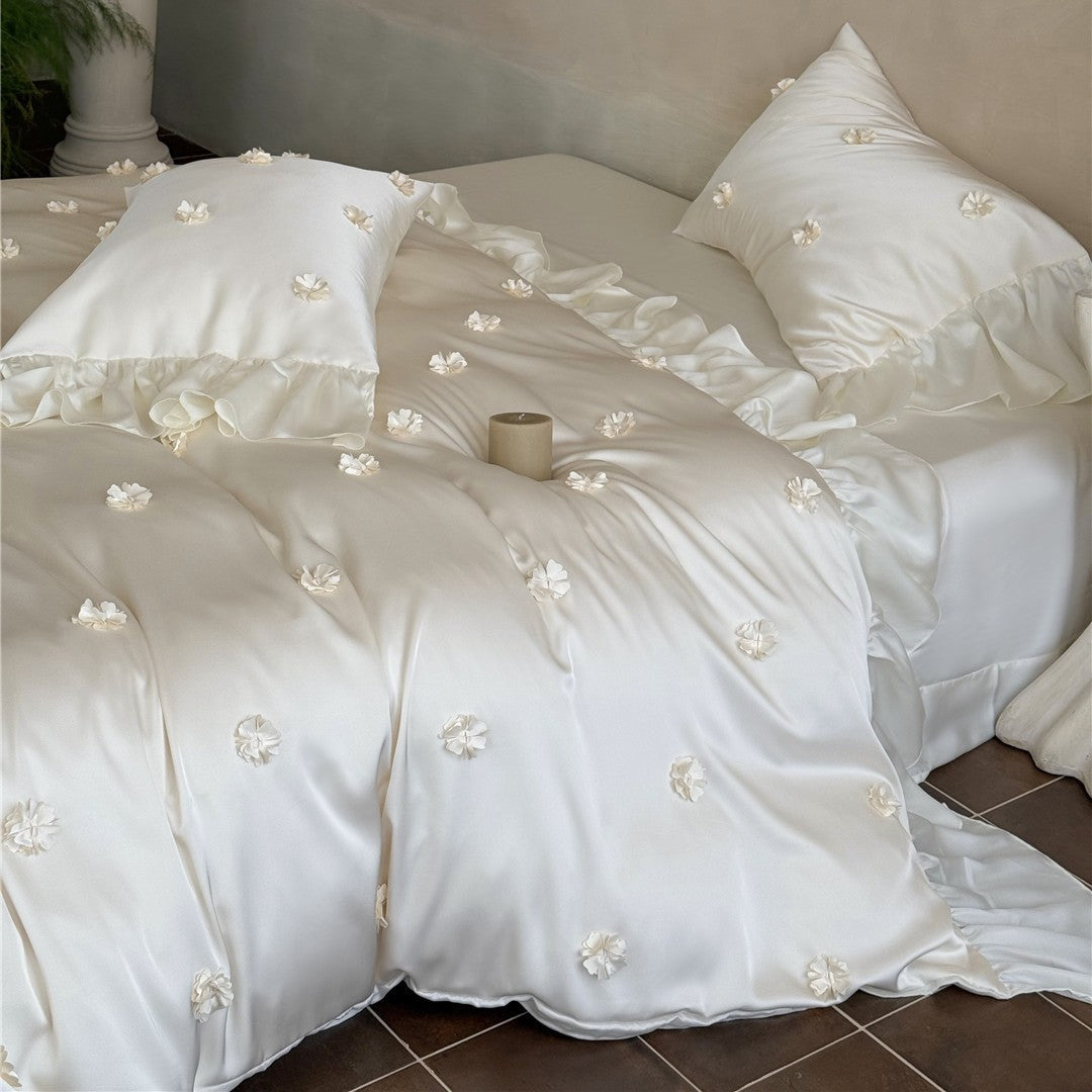 Ruffled Satin-Feel Floral Appliqué Duvet Cover Set with Decorative Shams