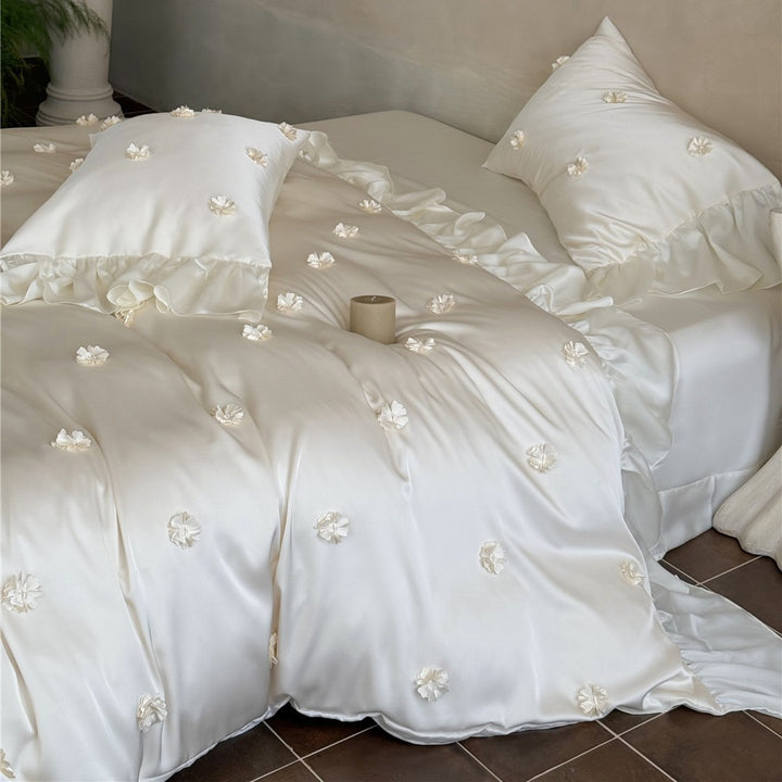 Ruffled Satin-Feel Floral Appliqué Duvet Cover Set with Decorative Shams
