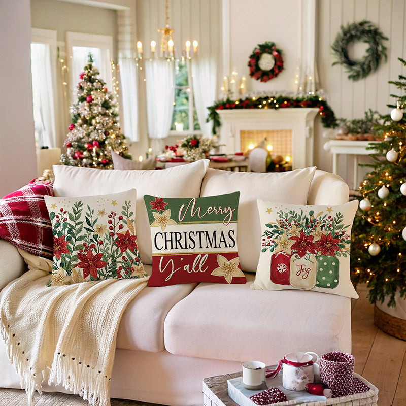 Holiday Cotton-Linen Square Throw Pillow Cover with 'Merry Christmas Y'all' Script and Gold Poinsettia Accents