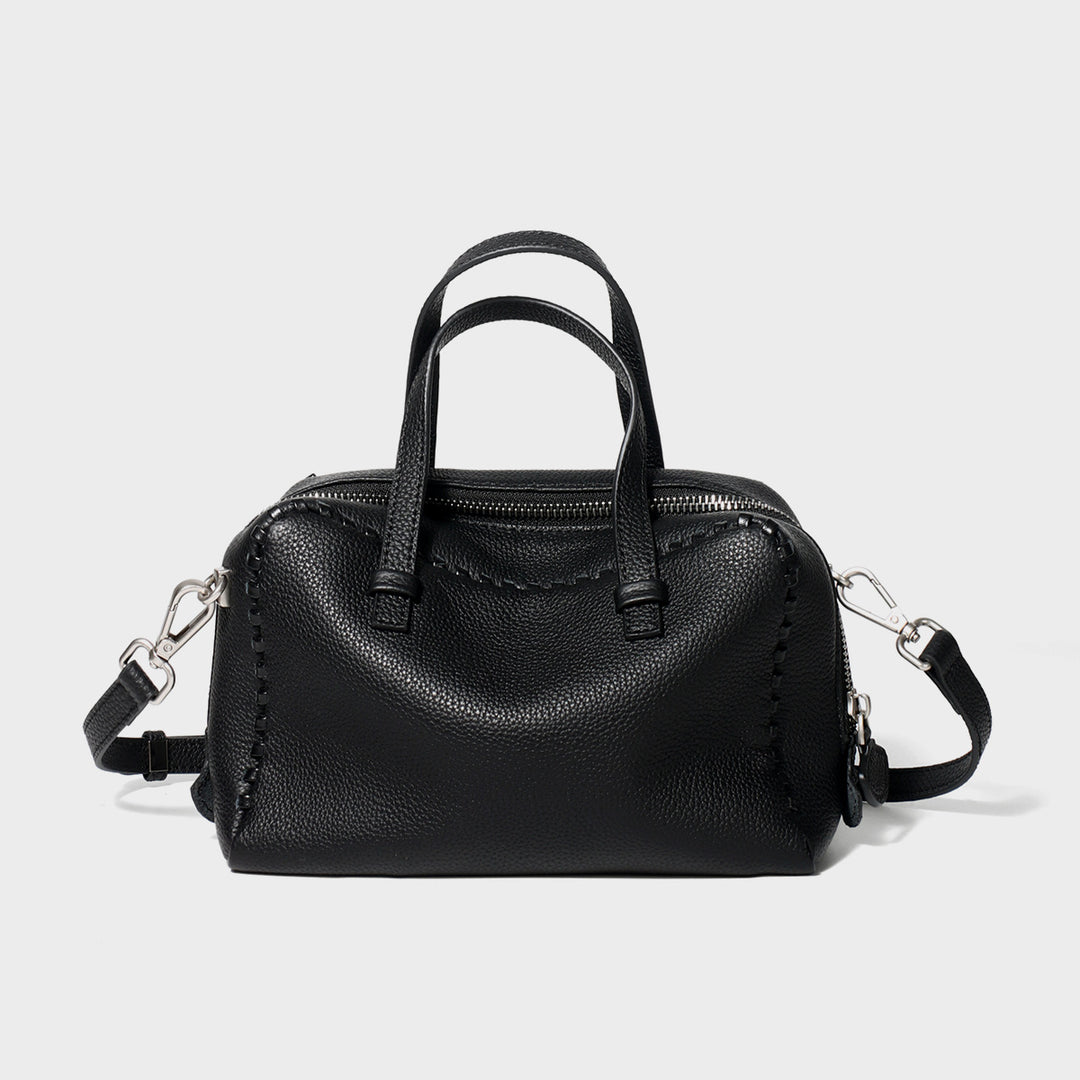 Pebbled Leather Doctor-Style Satchel with Whipstitch Trim & Detachable Crossbody Strap