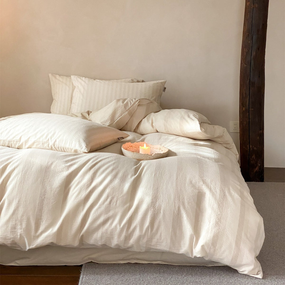 Soft-Washed Hemp-Cotton Stripe Duvet Cover Set with Hidden Button Closure
