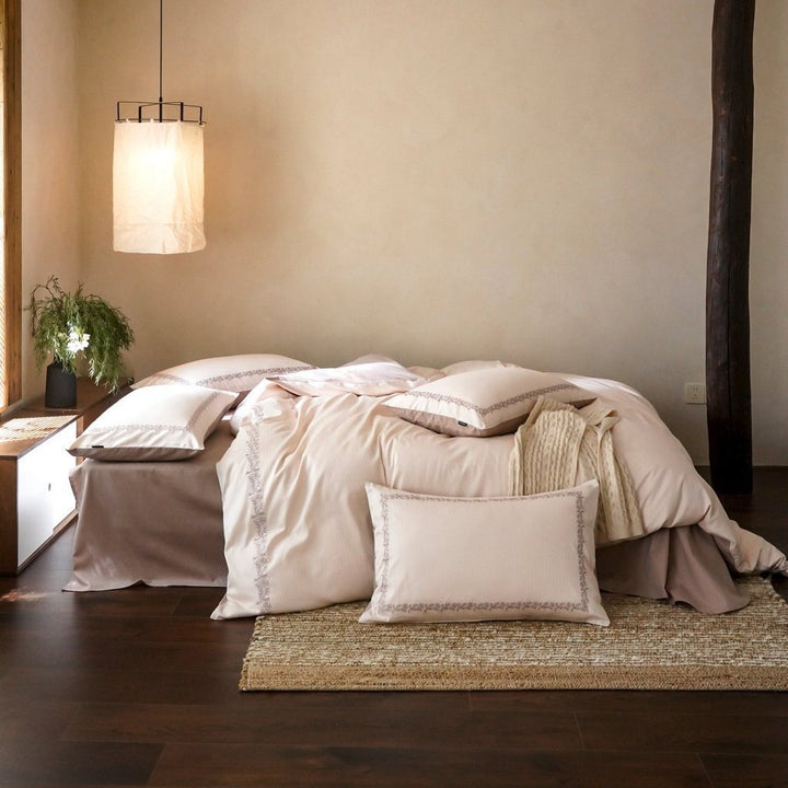 Reversible Cotton Sateen Duvet Cover Set with Contrast Hem and Embroidered Border Pillow Shams